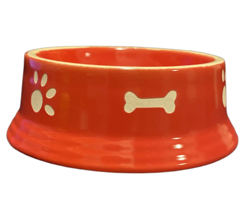 RED and WHITE Dog Bowl Food Water Stoneware Dish White Carved in Bones and Paws