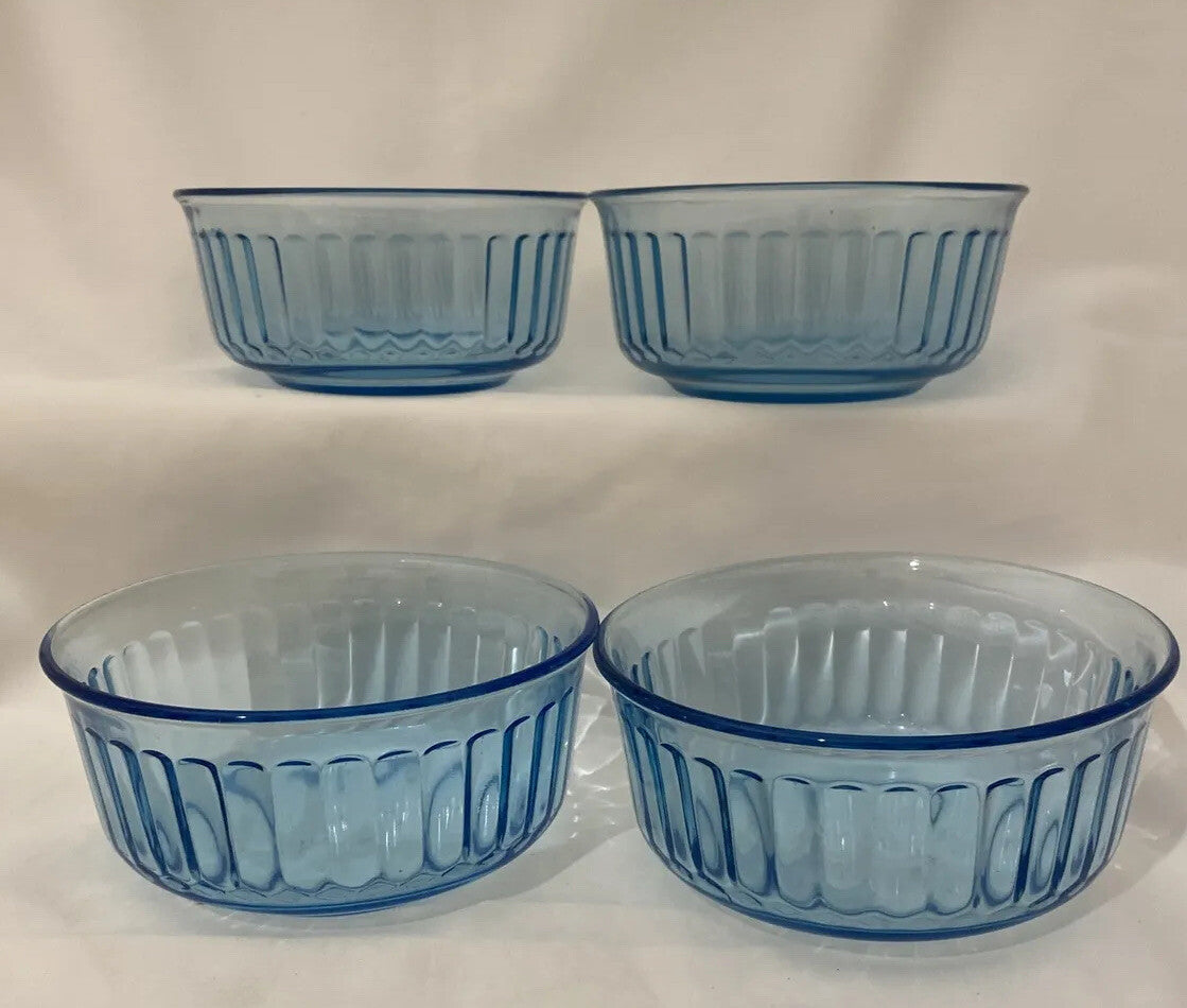 Vintage Fortecrisa Blue Azure Ice Blue 4 Glass Ribbed Bowls Mexico Forte Crisa