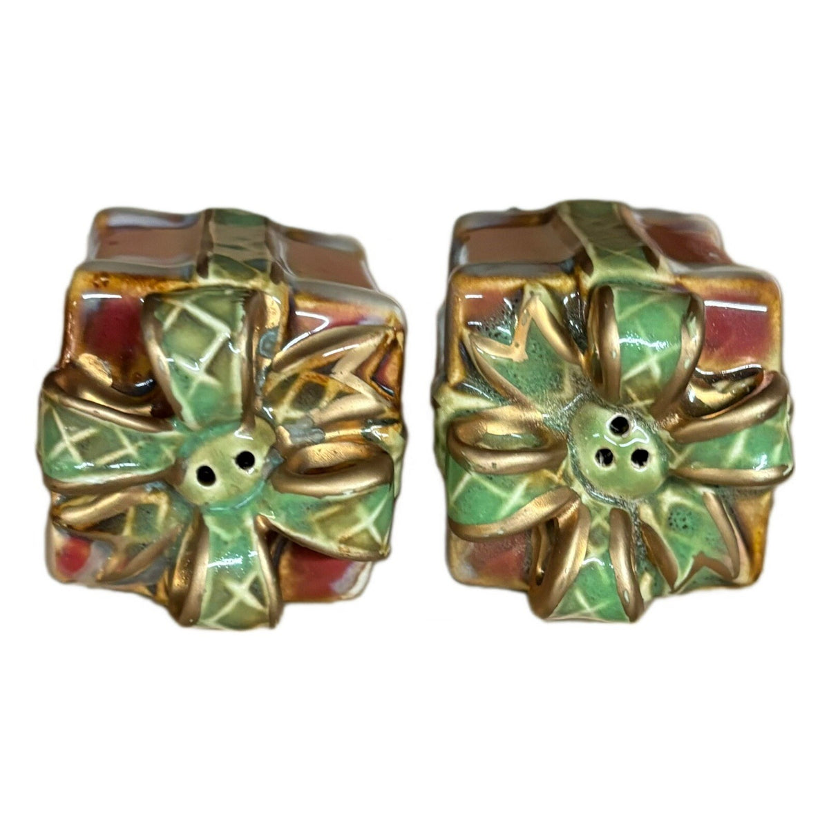 Christmas Salt Pepper Shakers Gift Packages Drip Glaze Ceramic Presents Vintage 