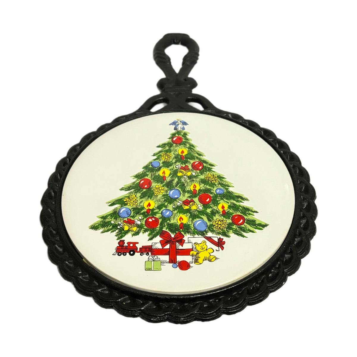 Vintage Wrought Iron 2-TRIVET Ceramic Tile Christmas Holiday Wall Hanging Cast