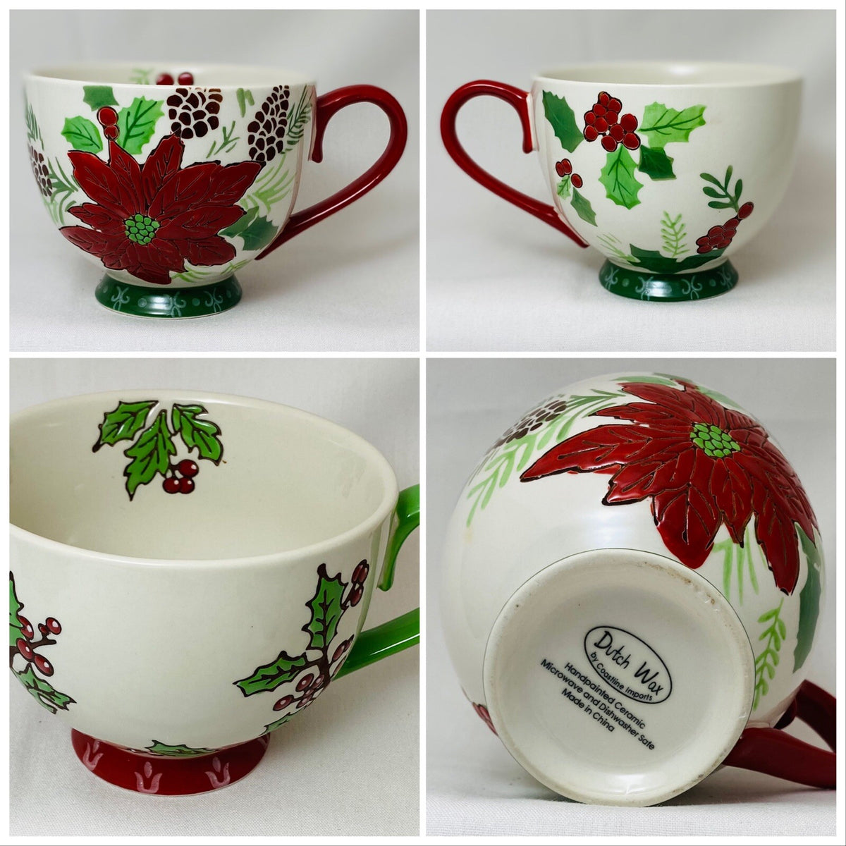Dutch Wax Footed Cup Coastline Imports Hand Painted Poinsettia Holly Berries