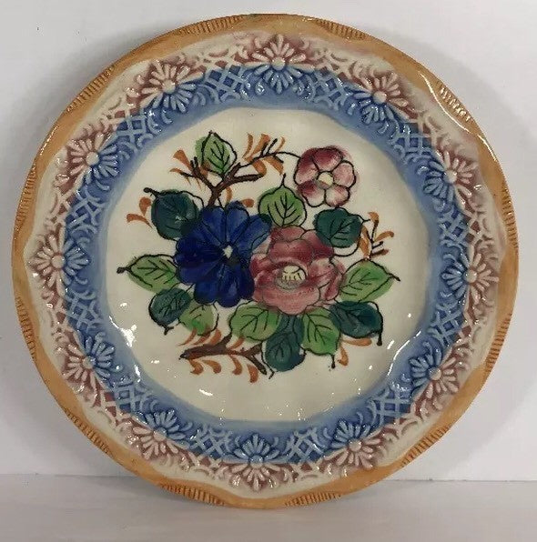 Vintage Dessert Plate Japan Hand Painted 6  5/8” D Ceramic Dish Embossed Floral
