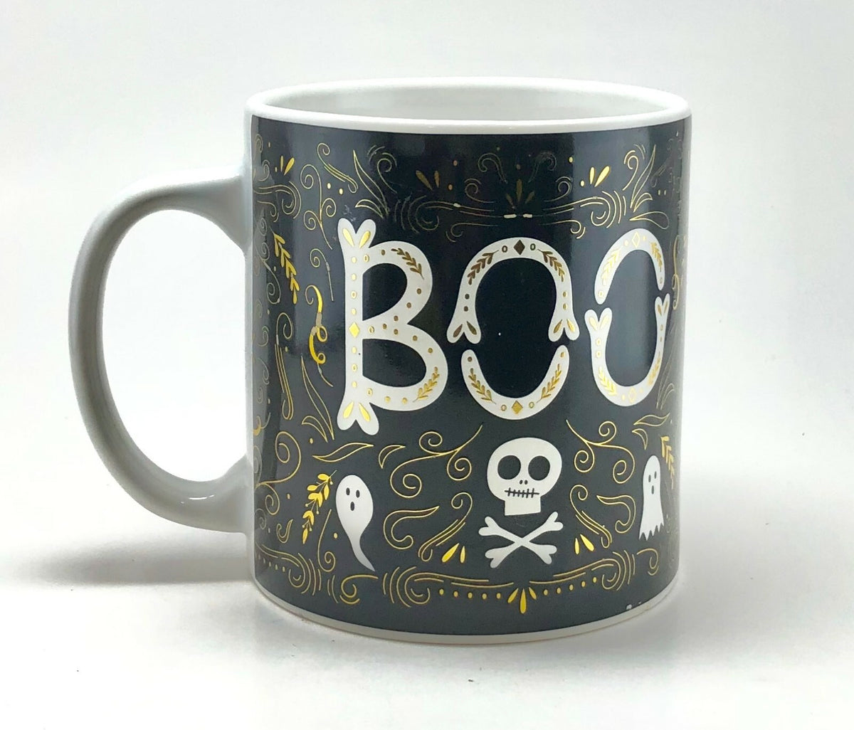 TMD Holdings Halloween Ceramic Coffee Mug Boo Black White Gold Skull Ghosts BOO