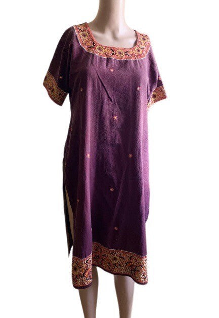 Women Embroidered Dress Kurti Indian Embellished Mirrors Tunic Top Purple Kurta