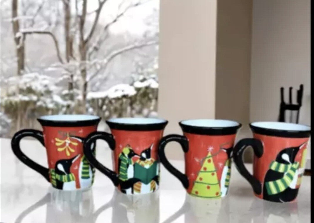 STEPHANIE STOUFFER 4-Mugs Penguins Certified Int’l Ceramic Red Coffee Tea Cups