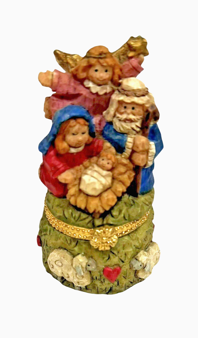 Nativity Scene Hinged Trinket Box: Resin Baby Jesus Angel Mary Joseph Christmas