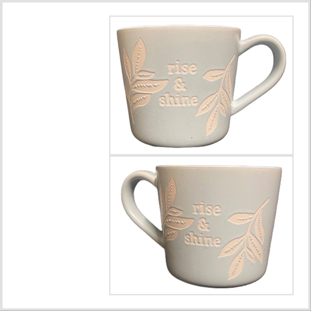 Threshold Blue Mug RISE & SHINE Embossed Leaves Coffee Tea Stoneware Cup 14 oz
