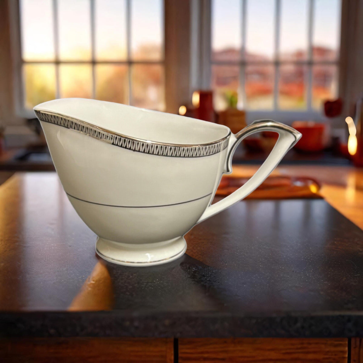 Mikasa BARCLAY Creamer Fine China Jyoto Japan 8248 White Milk Dish Silver Trim