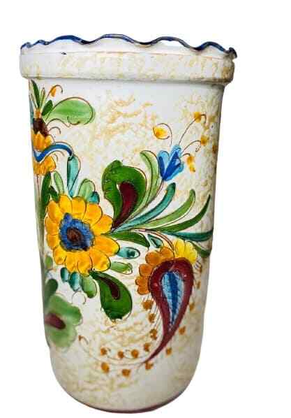 Italian Hand Painted Terracotta Vase Majolica Pottery Umbrella Holder 16 3/8”H