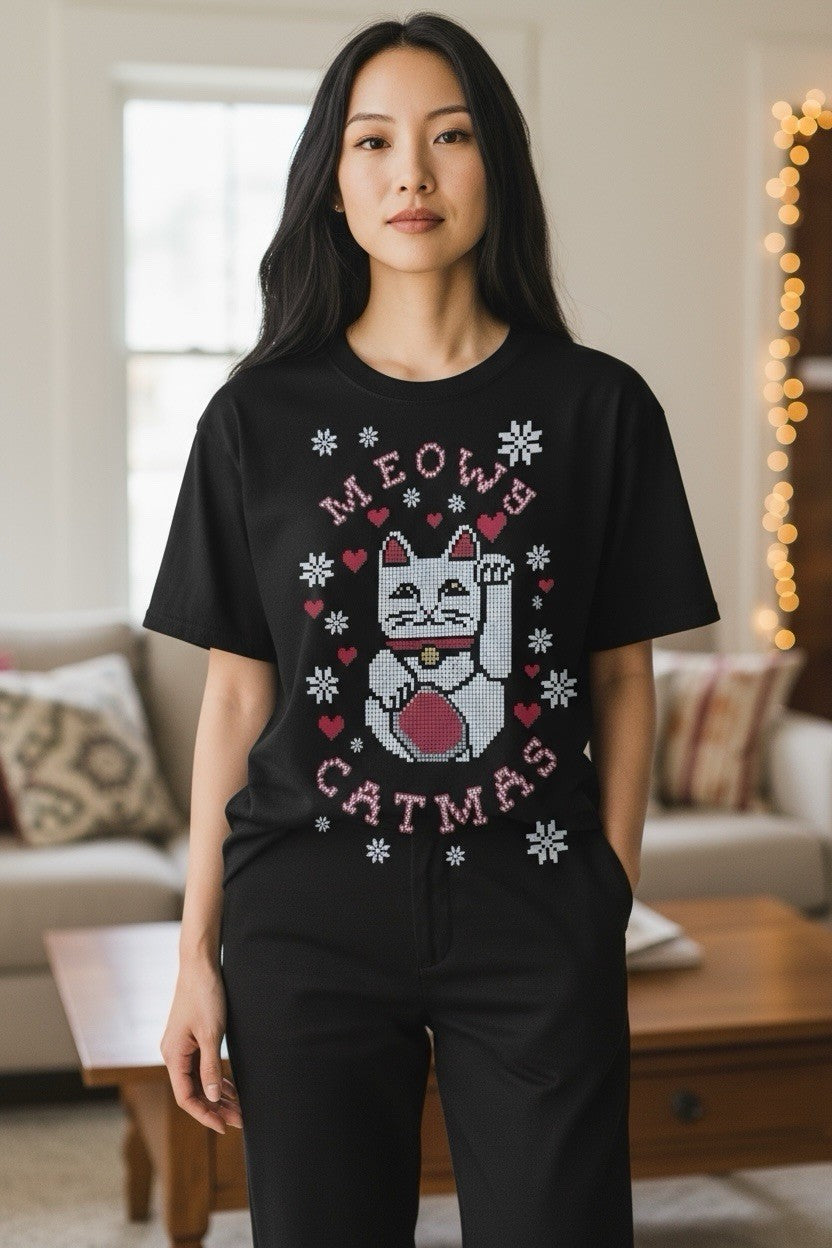 Christmas Holiday Women Graphic T-Shirt MEOW CATMAS Short Sleeves Cat Tee Top L