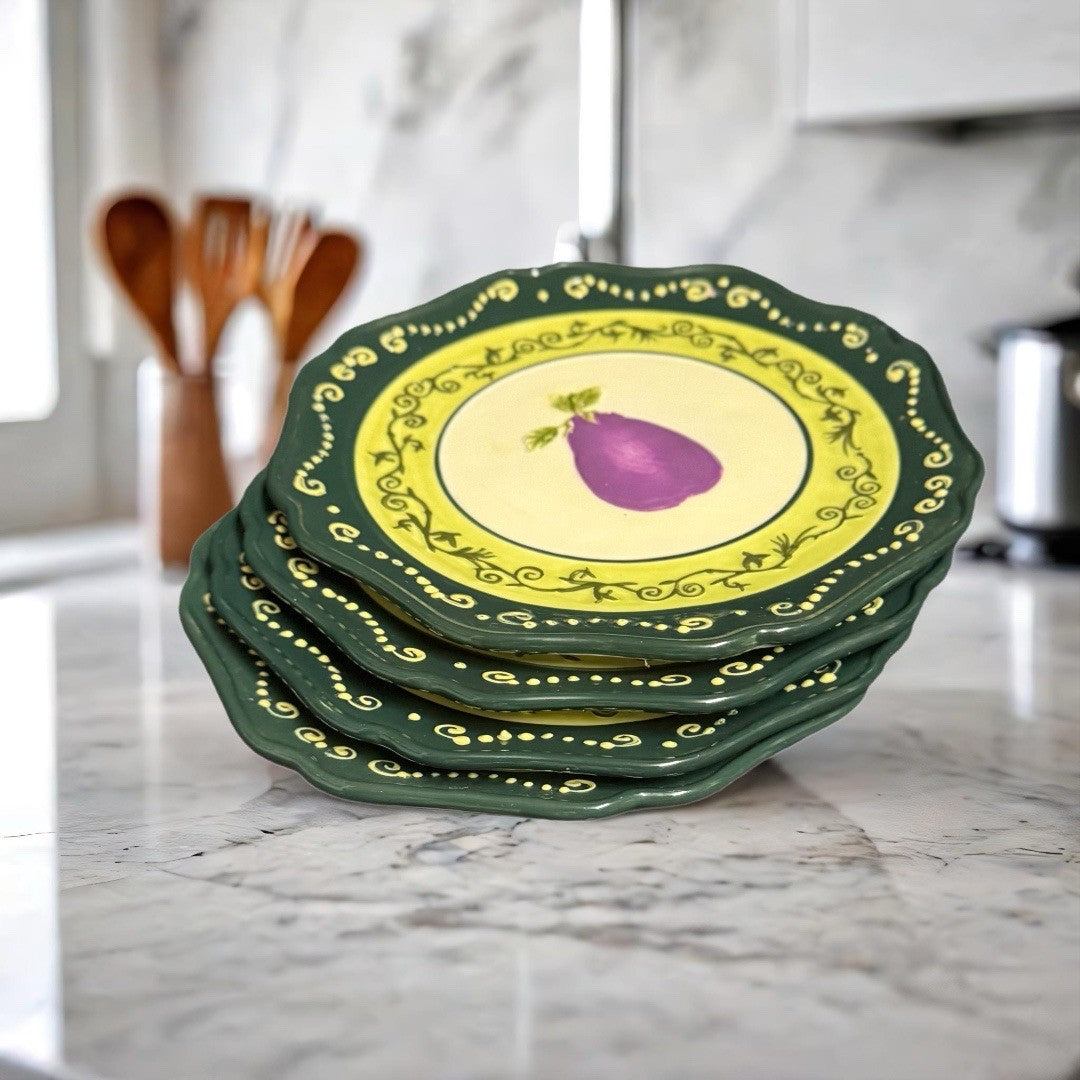 Set Of  4 Market Embossed Vegetable Plates 8”D Tomato Eggplant Artichoke Kitchen