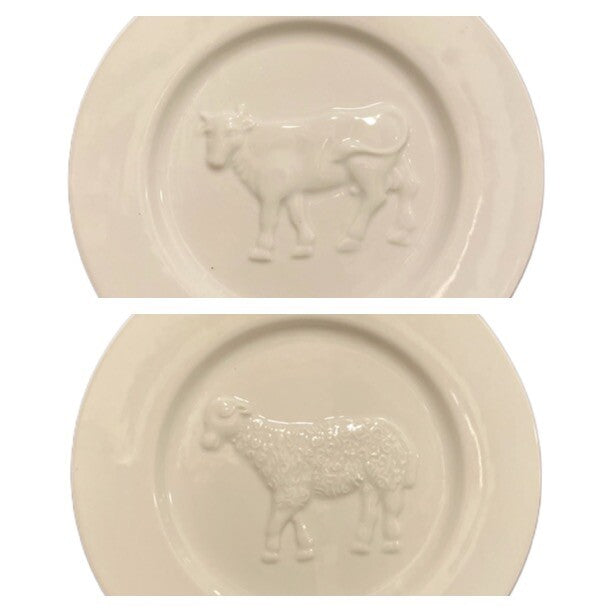 BonJour Salad Plates Farm Animal 1-Cow 1-Sheep Embossed La Fromagerie Cheese 7"D
