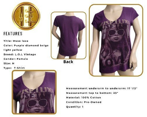 L.O.L. VINTAGE T-Shirt Muse Luxe Love Purple Top V-Neck Short Sleeves MD Tee