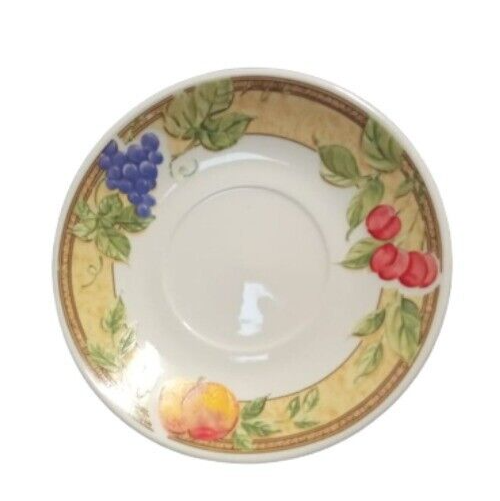 Gibson Designs FRUIT GROVE 4-Saucers 6" D Peaches Cherries & Grapes Ceramic Dish
