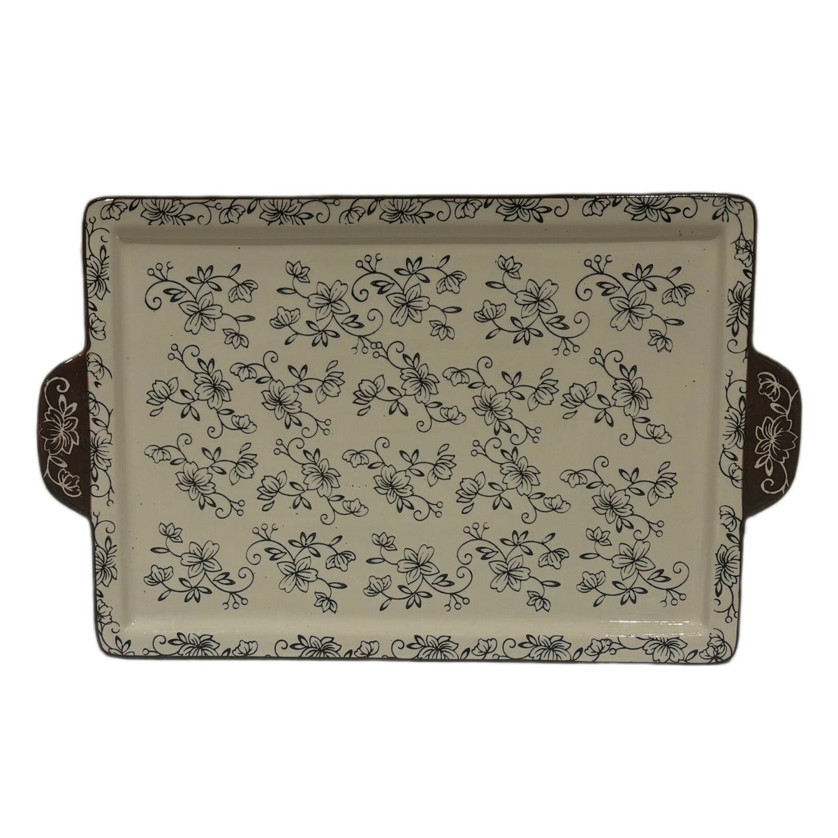 Temp-tations FLORAL LACE Serving Platter Ovenware Tray Burgundy Handles & Border