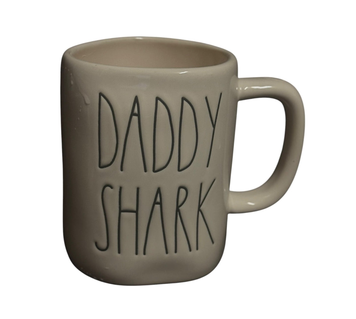 Rae Dunn DADDY SHARK Ceramic Coffee Mug White Black Lettering 16 oz