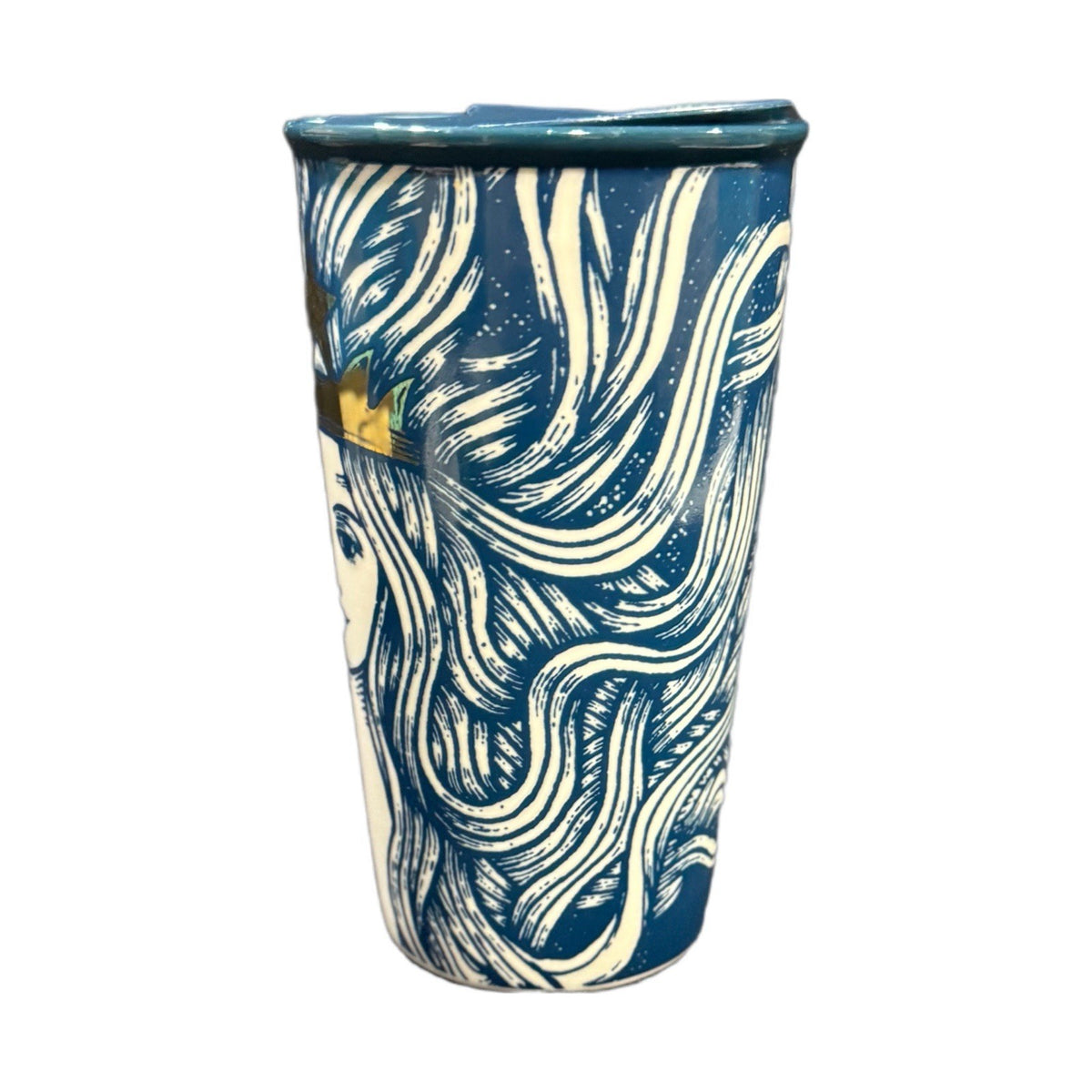 Starbucks 2016 Blue Siren Tumbler 12oz Gold Crown Limited Edition w/ Lid