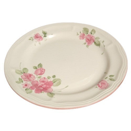 Gibson Designs ROSELAND 6-Dinner Plates 10 ½” D Pink Roses Pink Trim Tan Body