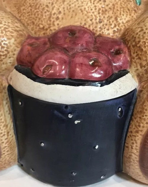 CKRO Teddy Bear Cookie Jar Holding Red Apples Green Scarf Ceramic Vintage 10” H