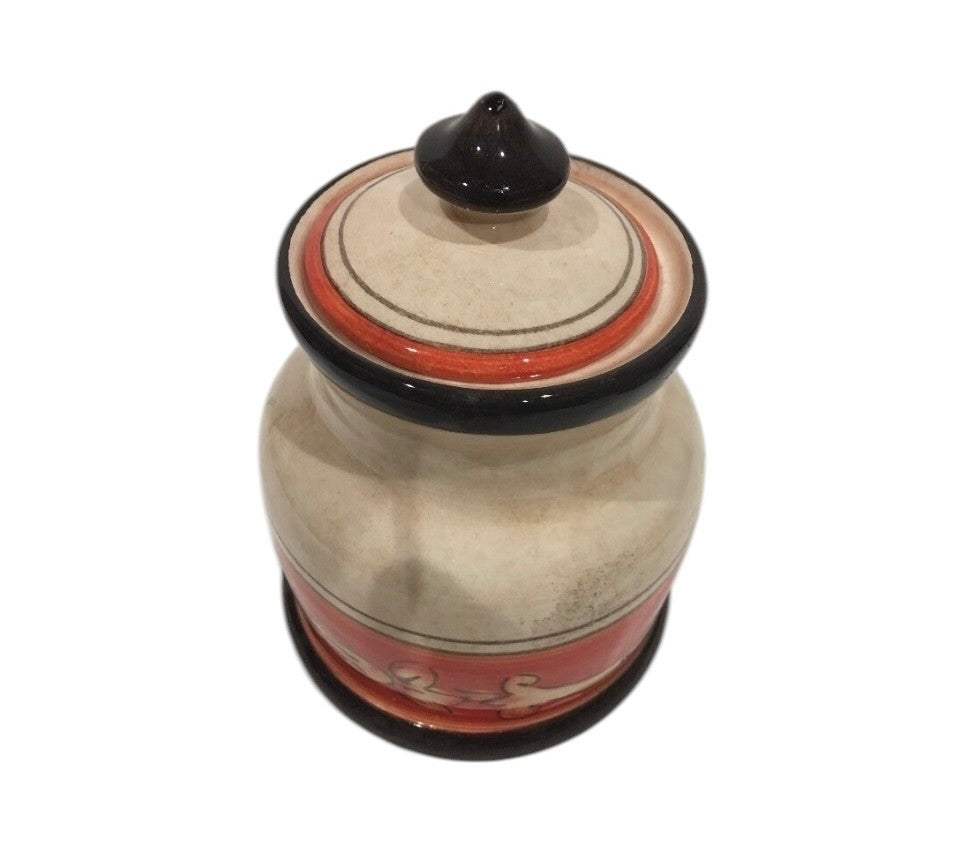 Opera Nova Handcrafted Condiment Jar Red Beige Floral Stoneware w/ Lid 6.5”H
