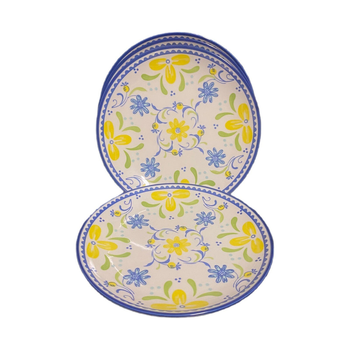 BAUM Tuscany 4-Salad Plates Blue Yellow Floral Ceramic Dessert Dish 8"D