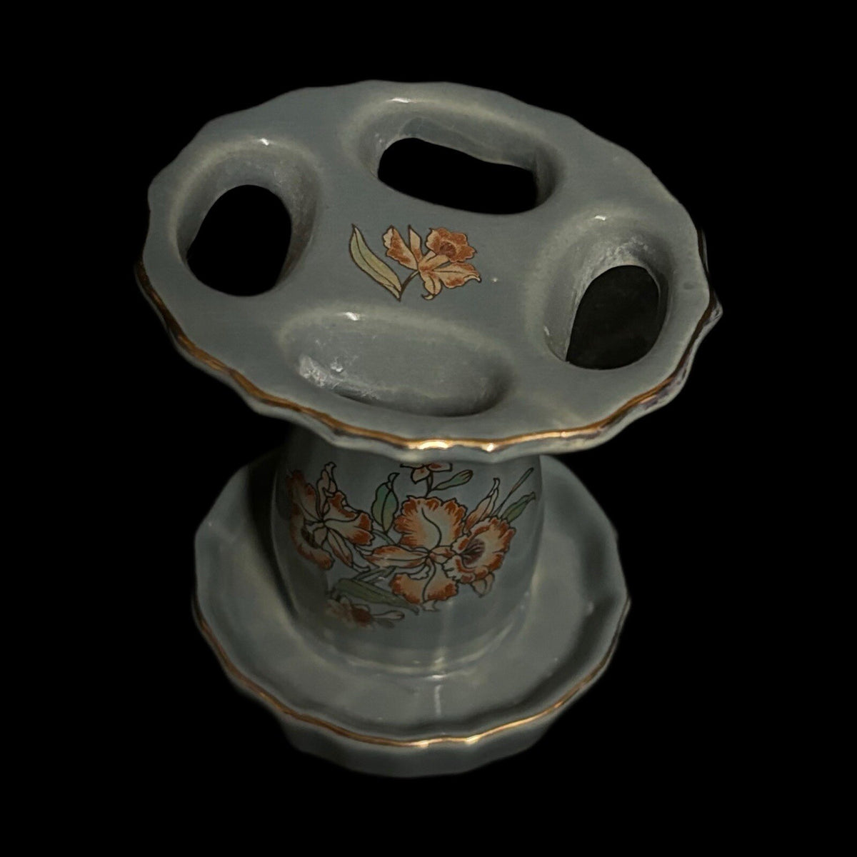 IMPERIAL JAPAN 2 Piece Soap Tray Toothbrush Holder Ceramic Floral Gold Accent