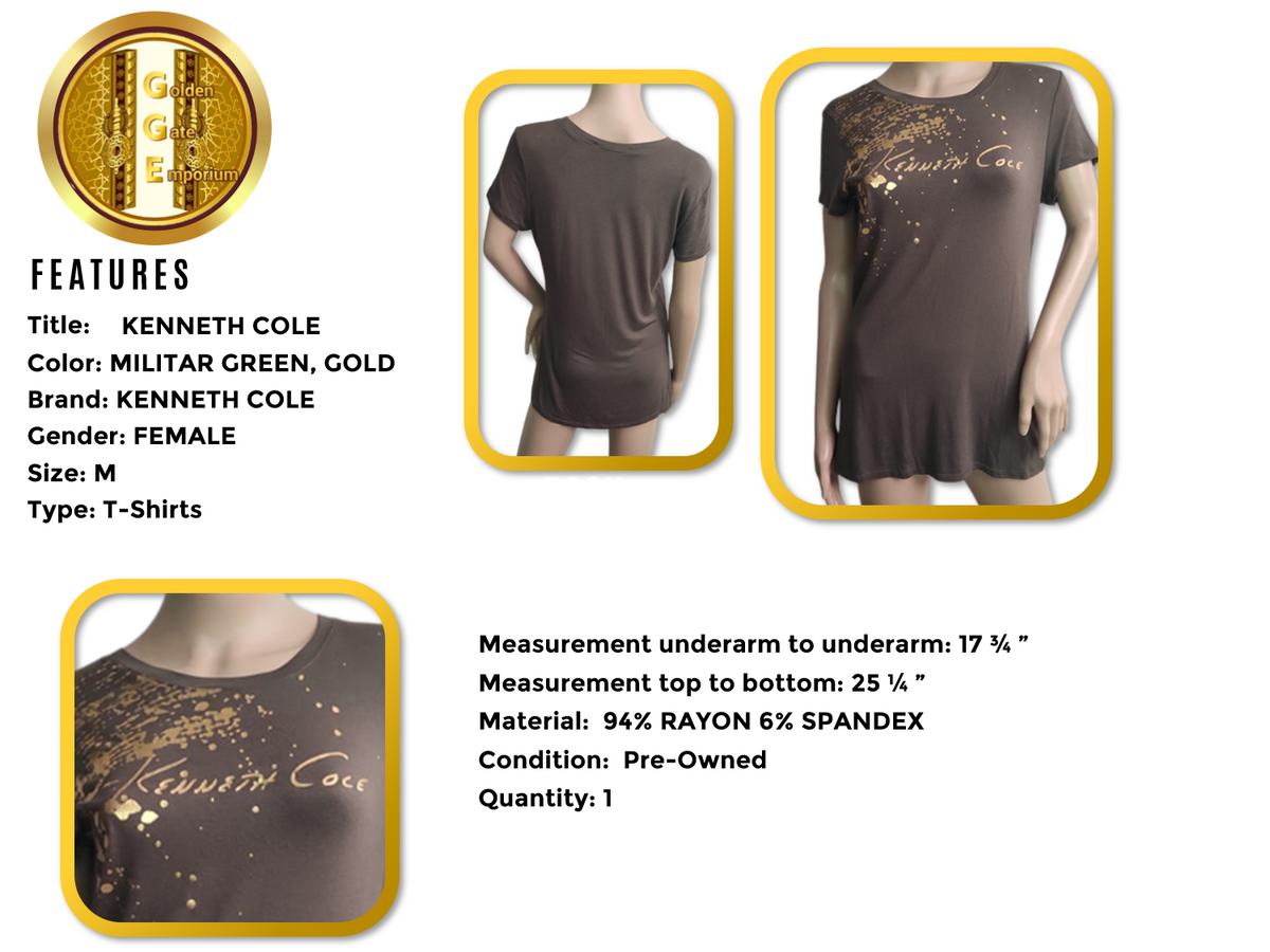 Kenneth Cole Women's T-Shirt Short Sleeves Green Gold Foil Graphic Scoop Neck MD