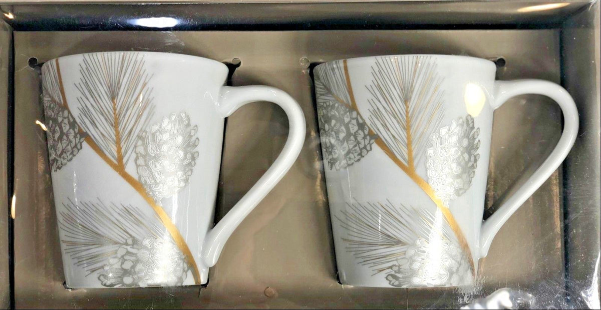 St Nicholas Square Pinecone Mugs Set of 2 Gold Silver White Holiday Winter Cups