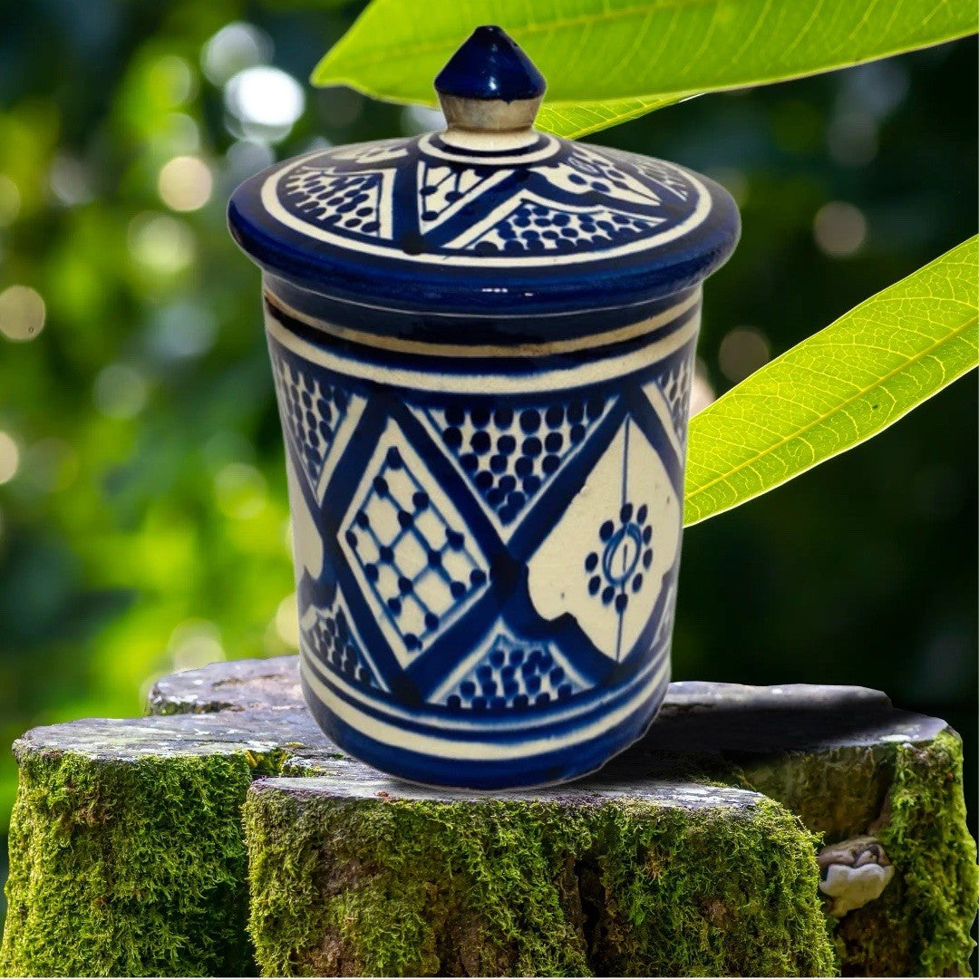 2 Handmade Moroccan Ceramic Canisters 24oz Blue Orange Tea Sugar Spice Storage