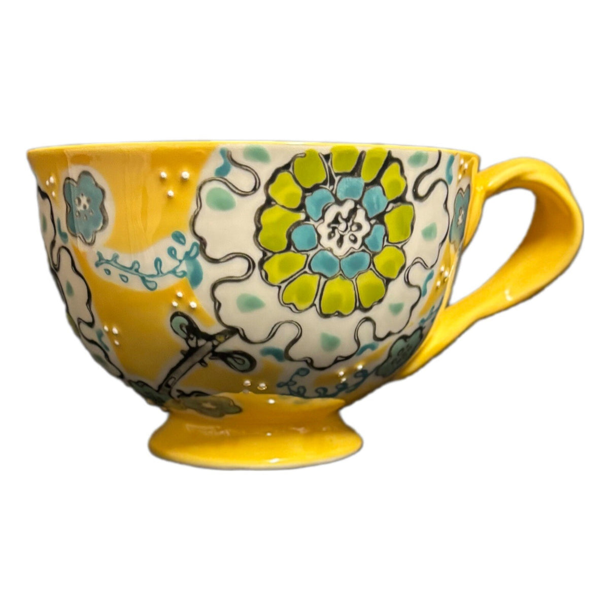 Anthropologie ELKA AYAKA Mug Yellow Floral Footed Pedestal Cup Twisted Handle