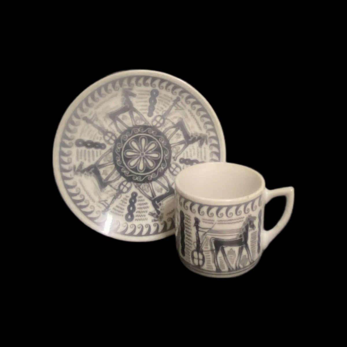 Vintage N. Leontaritis 2-Espresso Cups & 2-Saucers Horse Chariot Greece