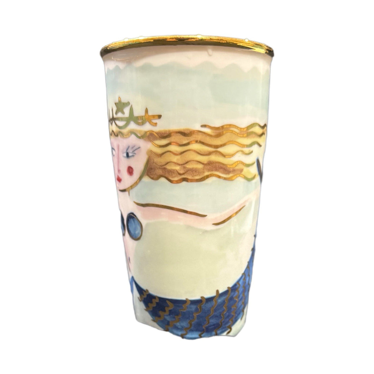 Starbucks Mermaid Tumbler 2014 12 oz Ceramic Gold Lid Rare Collector Cup