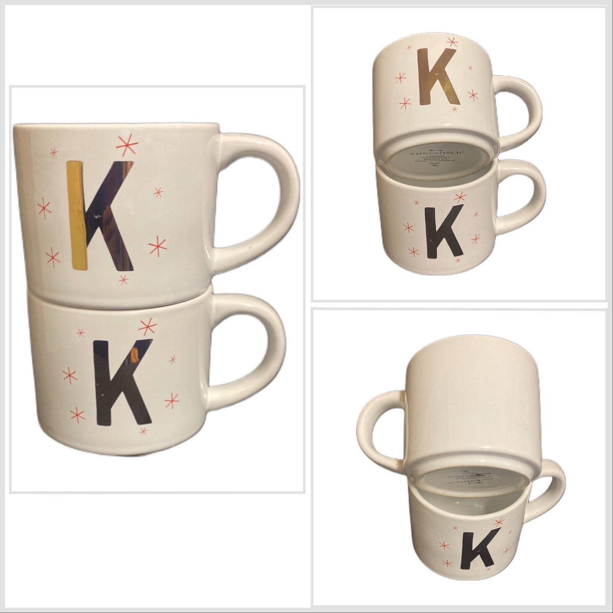 Threshold Monogram K 2-Mugs Gold Letter & Winter Red Starburst Coffee Tea Cup