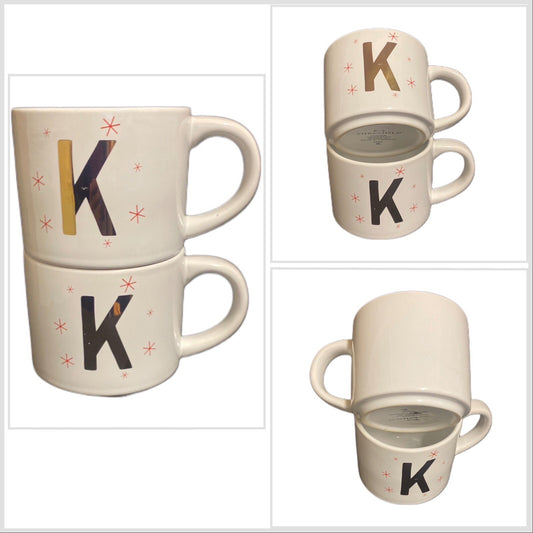 Threshold Monogram Coffee Mugs, Set of 2 — Initial K, Gold, Winter Red Starburst