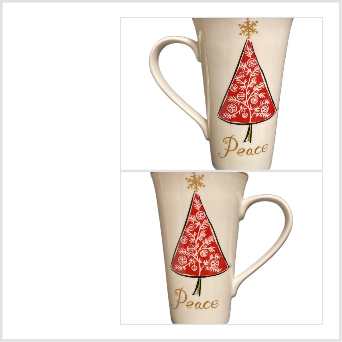 222 Fifth NATALA 3-Latte Mug Cardinal Christmas Tree Sleigh Peace Joy Noel Gold
