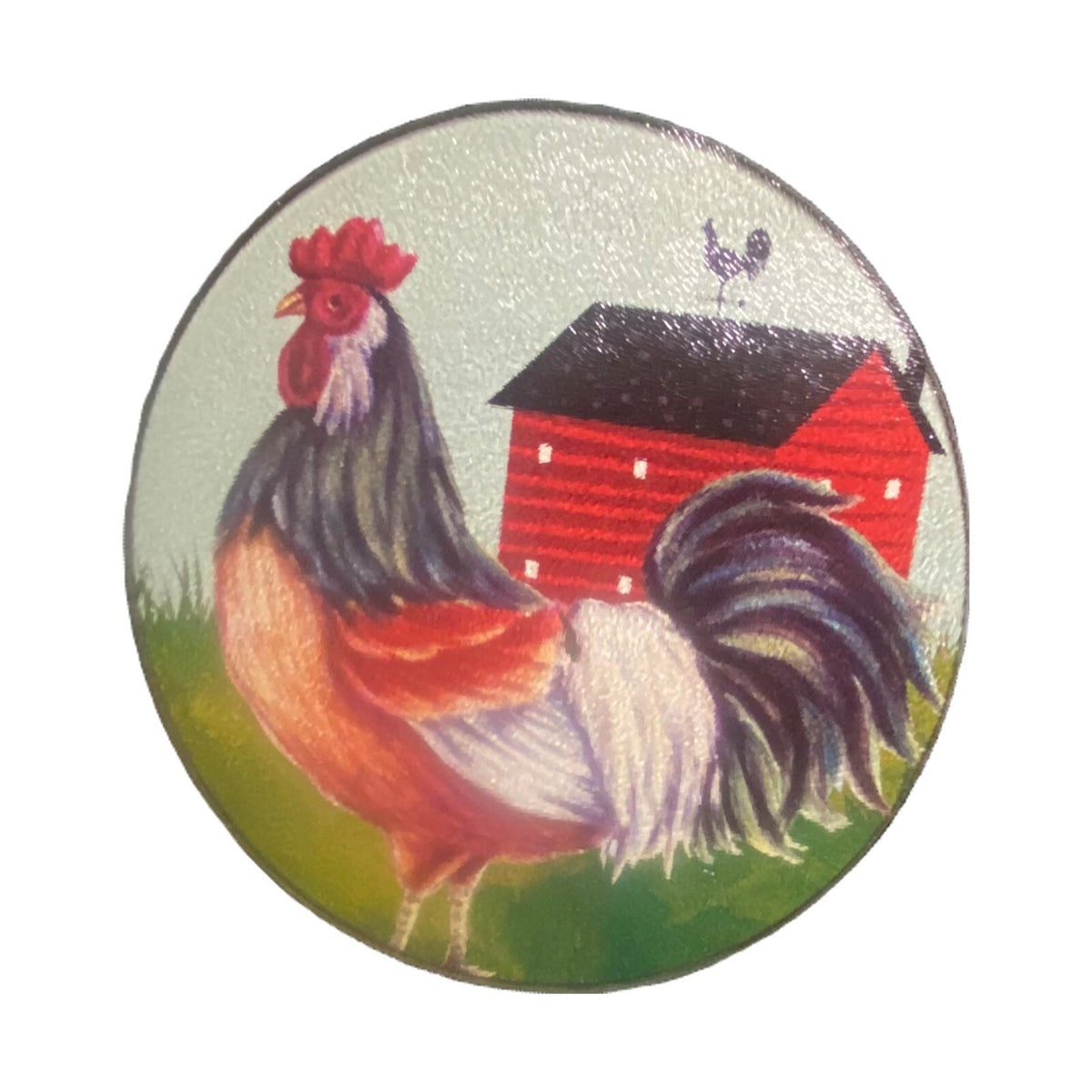 Glass Rooster Cutting Board Trivet Red Barn Farm Round 7 5/8” D Kitchen Decor