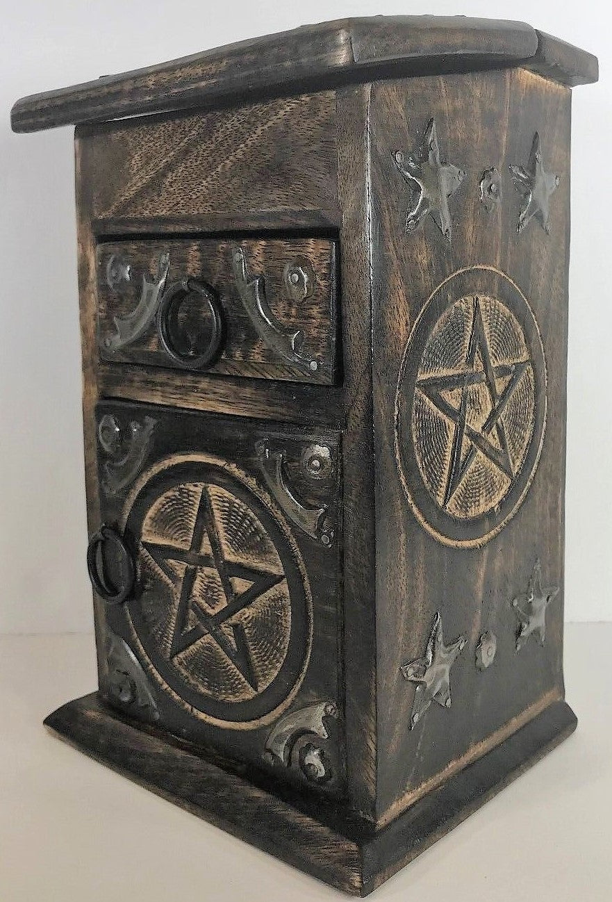 Vintage Look Mango Wood Jewelry Box Organizer Hand-Carved Treasure Chest 8.5" H