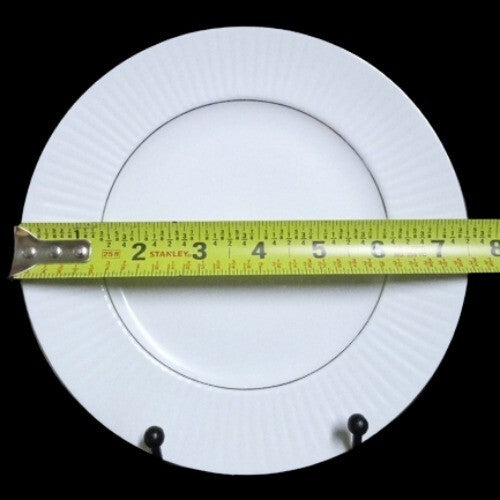 Gibson Designs BLACK TIE 4-Salad Dessert Plates White 7 ½" D Silver Trim Ribbed 