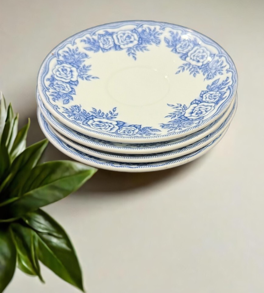 Rivanel France Blue Rose Saucers Set of 4, 5 5/8” Floral Vintage Look