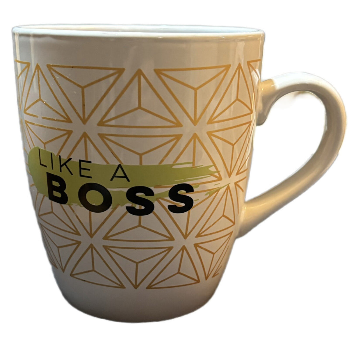 LIKE A BOSS Mug Coffee Tea Ceramic Cup White Gold Green Black Geometric 24oz