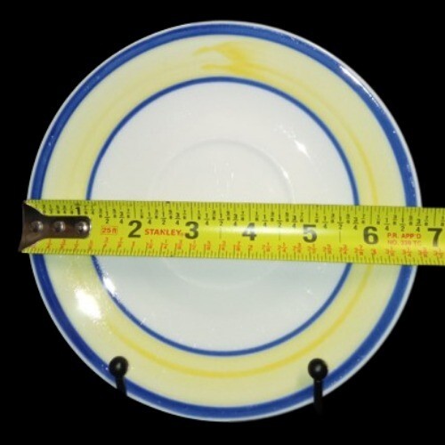 Gibson Designs TAVERNWARE YELLOW 4-Saucers 6 ¾” D Yellow Band Blue Rings Ceramic