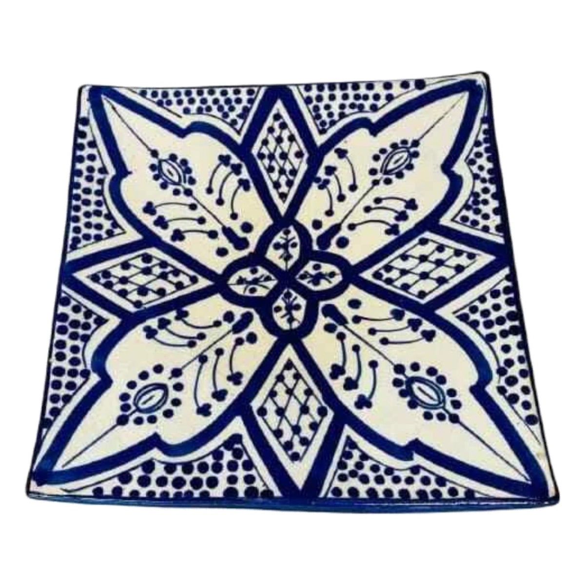 Set of 6 Moroccan Hand Painted Pottery Plates – 3 Blue, 3 Orange Square 6.5”