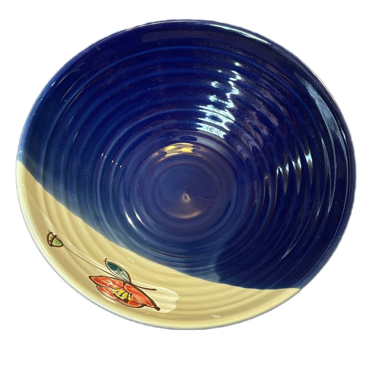 WCL Pottery Serving Bowl Lotus Floral Accent Blue Cream Vegetables Pasta Dish