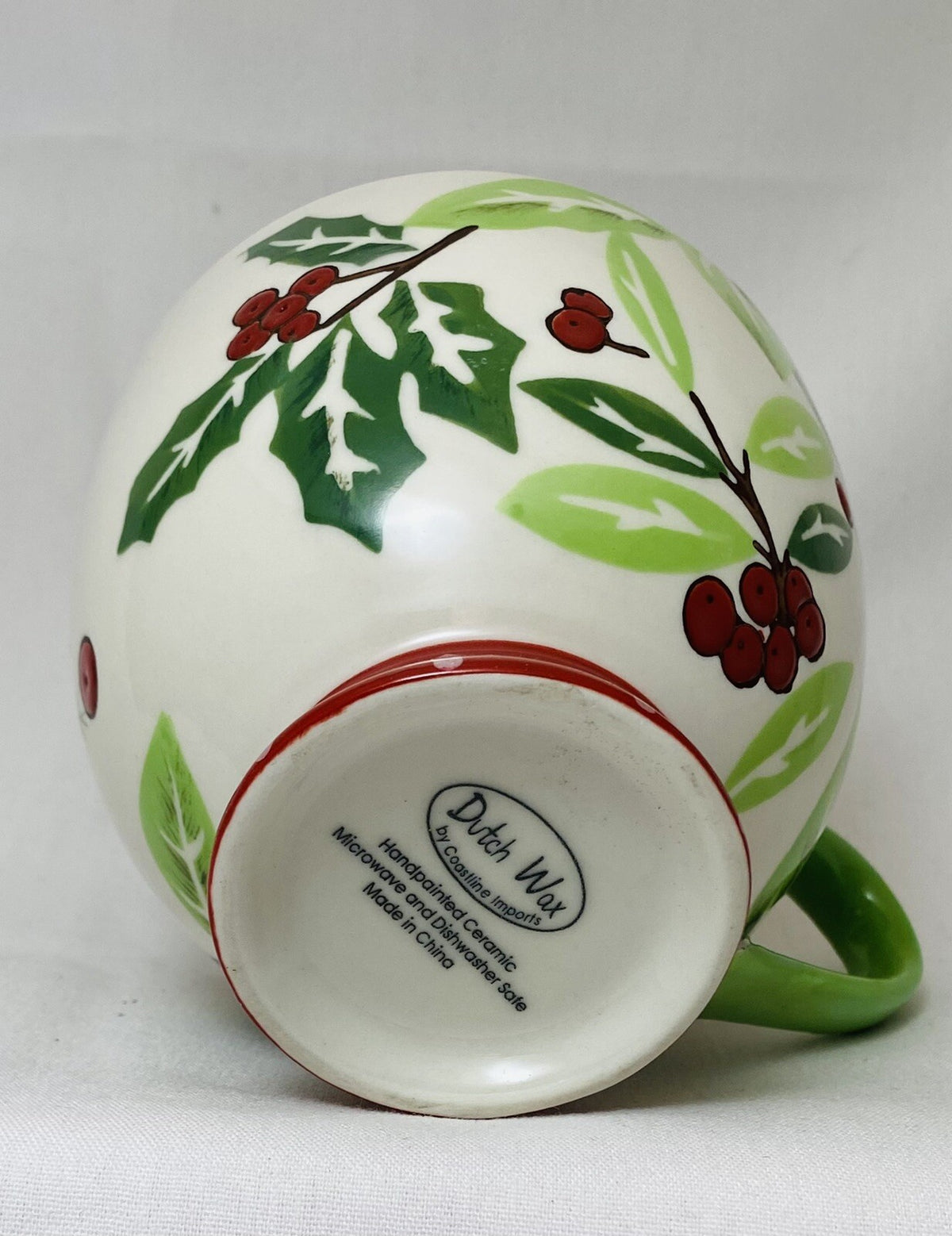 Dutch Wax Footed Mug Coastline Imports White Cup Hand Painted Holly Berries 12oz
