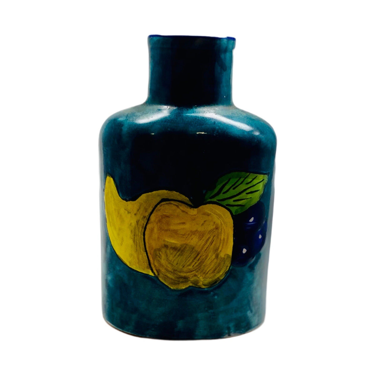 Vintage Vase Hand Painted TALAVERA Mexican Pottery Turquoise Yellow Apple Pear