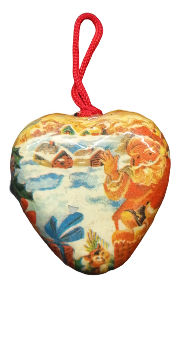 Christmas Ornaments Santa Claus Papier Mache Vintage Set of 3 Hearts