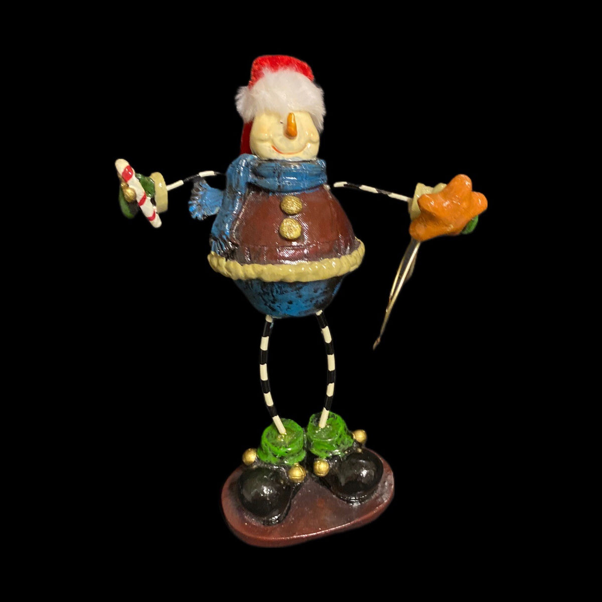 Christmas Snowman Stand Santa Hat With Bell Metal Wire Holding Stars Candy Cane