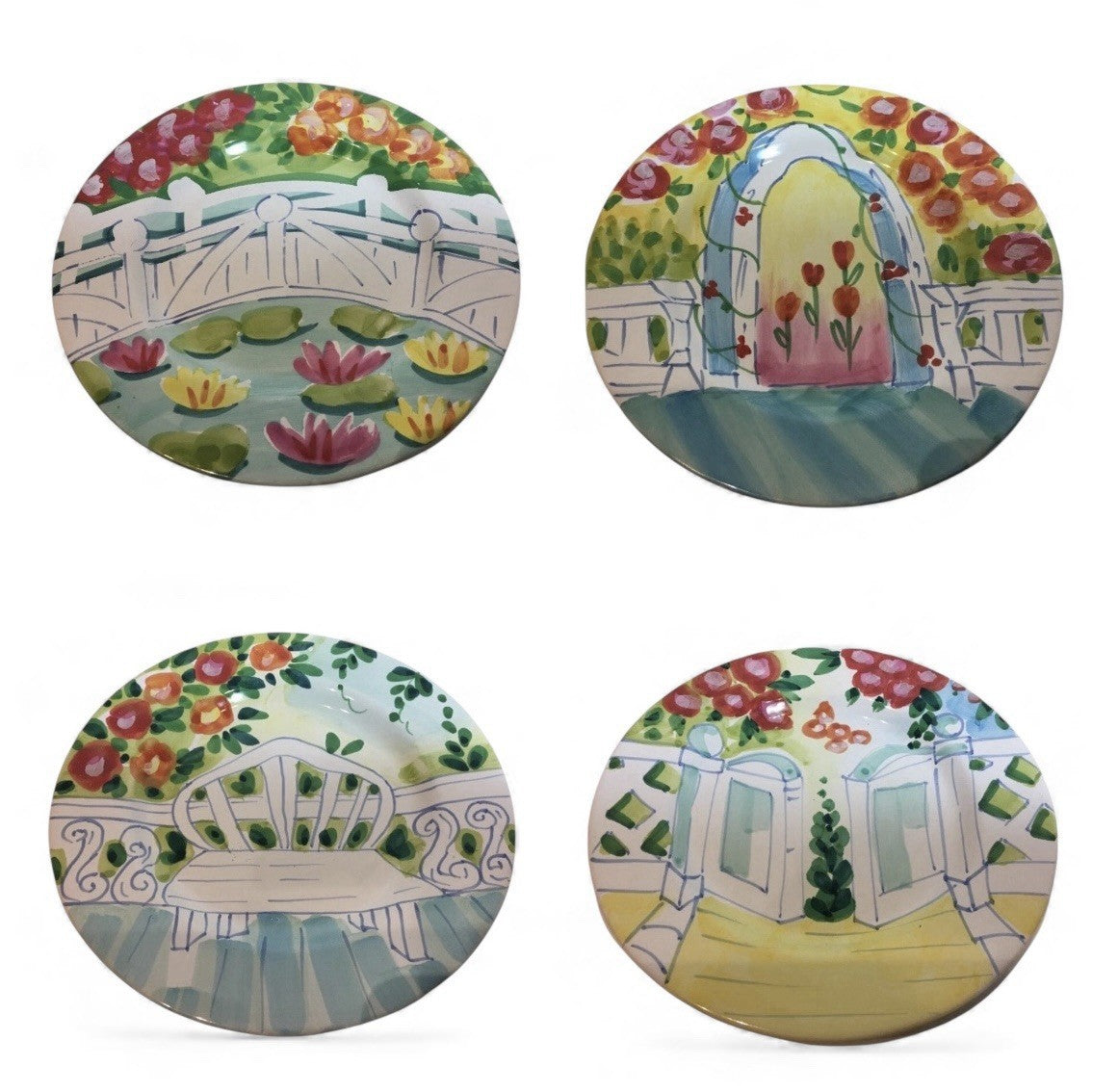 The Cellar Italy Salad Plates Set of 4 Hand Painted Garden Bench Floral 1996