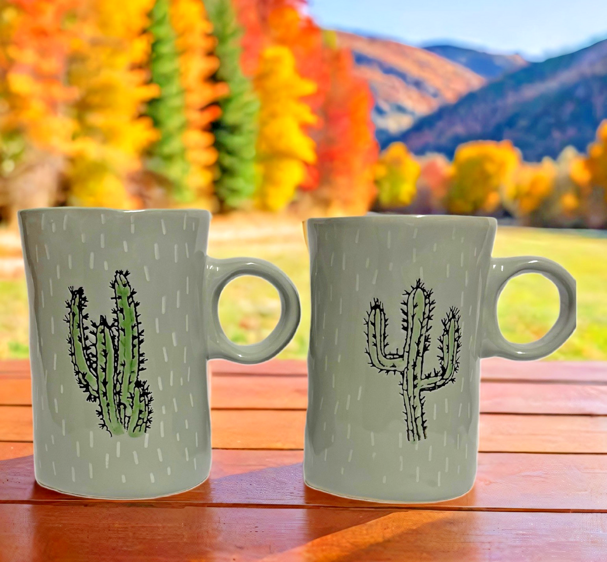 I LOVE IT 2-CACTUS Mugs Green Grey Tea Latte Cup Embossed Prickly Desert Cactus