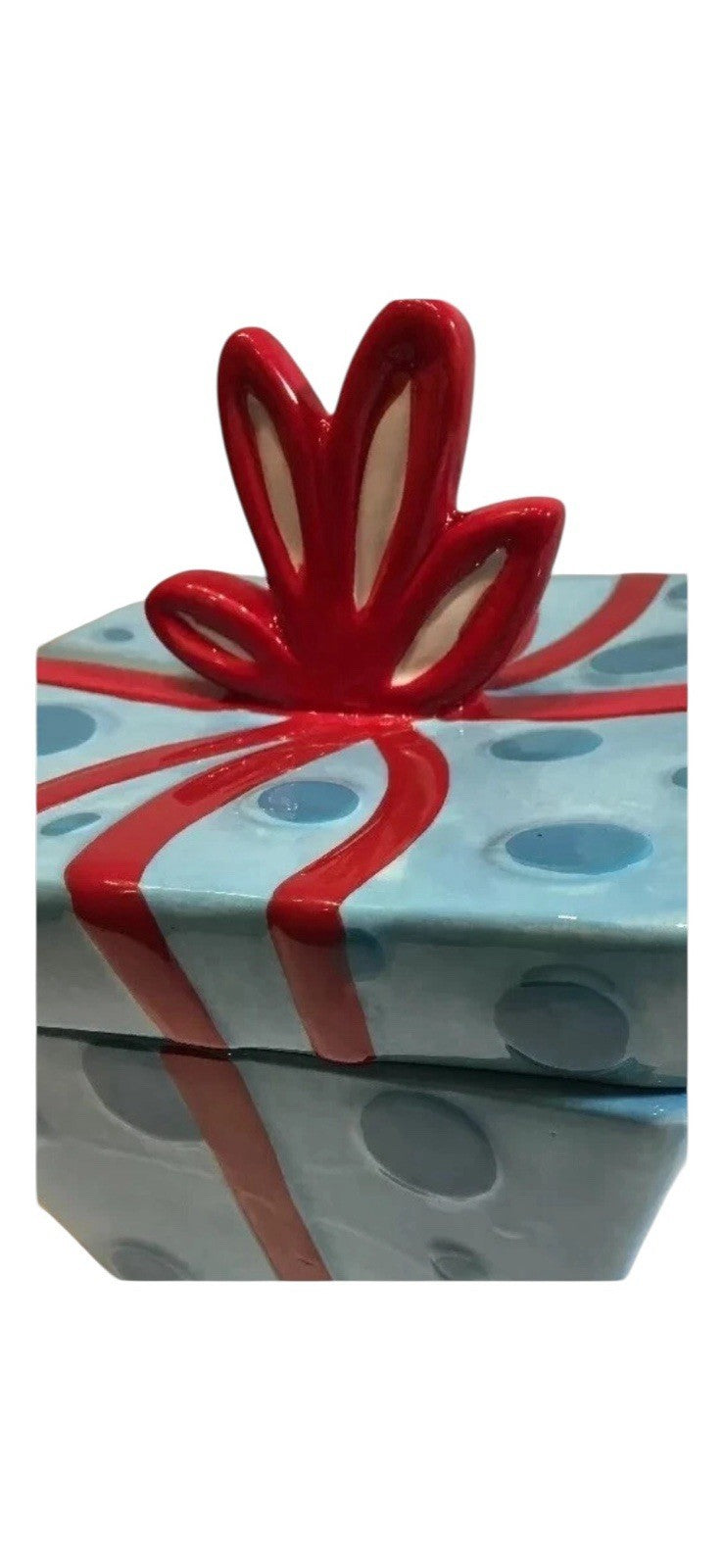Sleigh Bell Bistro Ceramic Cookie Candy Jar Present Shape Aqua Red Bow Holiday